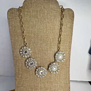 J Crew Marked Necklace Gold Tone Chain Round Stations Clear Crystal Statement